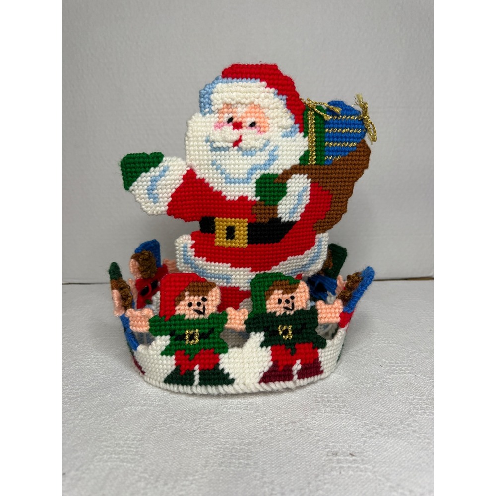 Vintage Handmade Plastic Canvas Santa Claus and Elves Christmas Centerpiece